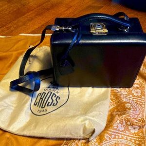 Vintage Mark Cross box bag 7x9x5”, lunch box handle with detachable 40” strap
